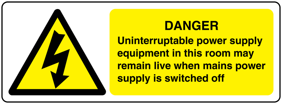 Danger uninterruptable power supply sticker with yellow warning triangle and text