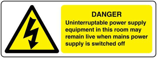 Danger uninterruptable power supply sticker with yellow warning triangle and text