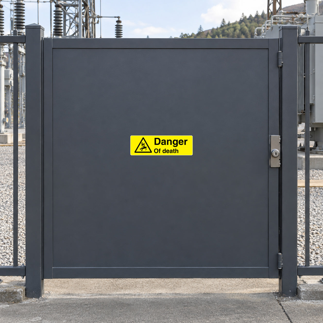 Danger of death warning sticker with yellow triangle and text