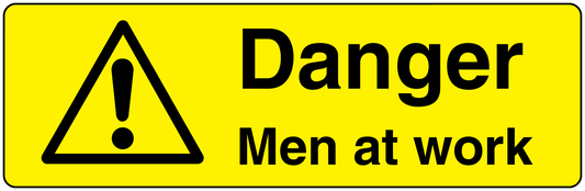 Warning "Danger Men at work" sticker with hazard triangle symbol