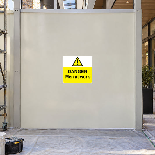 Rectangle warning sticker with yellow hazard sign and text “DANGER Men at work”