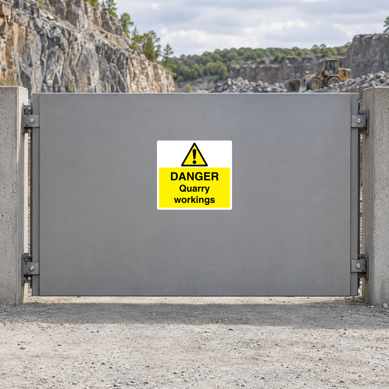 Danger quarry workings sticker: yellow warning triangle with DANGER Quarry workings text