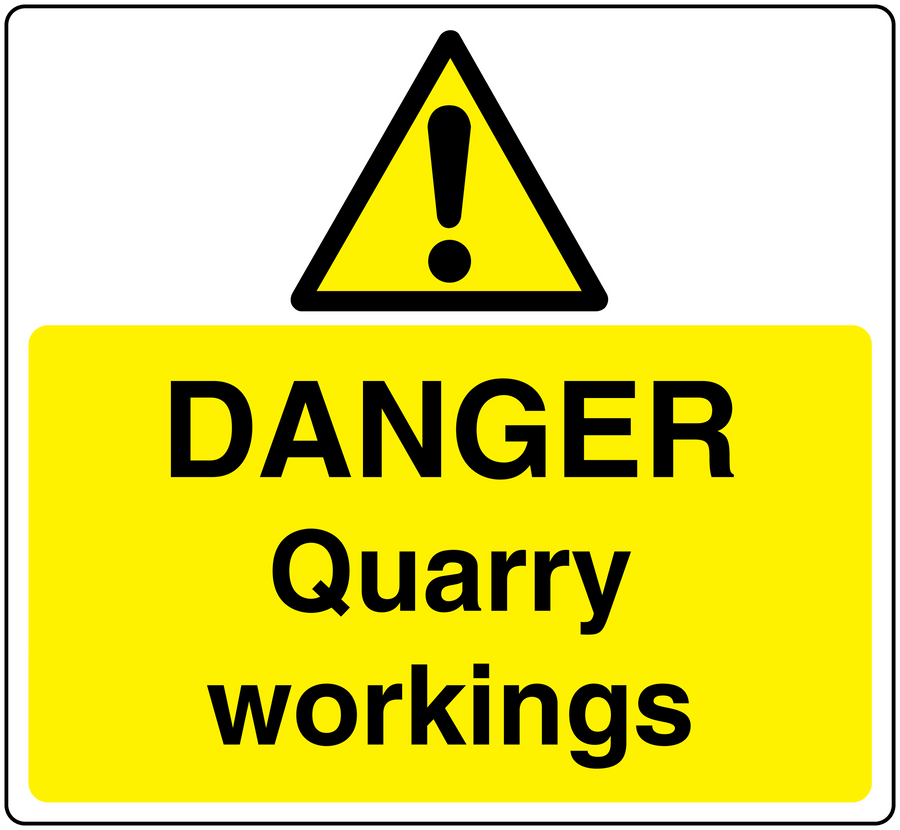 Danger quarry workings warning sticker: yellow background, black hazard triangle and text