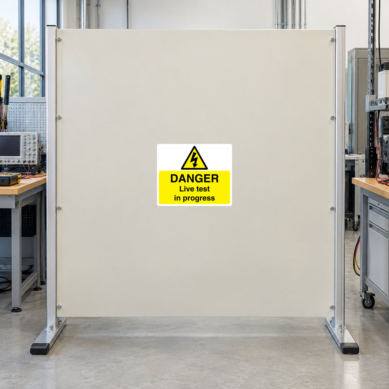 Safety danger sticker with yellow triangle and text “DANGER Live test in progress”