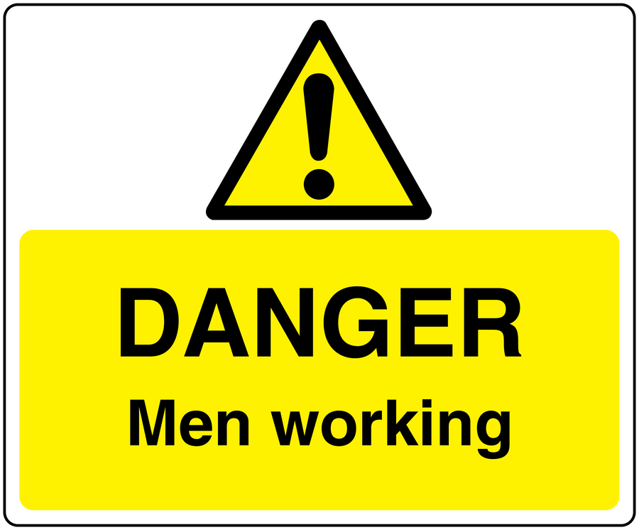 Danger warning sticker: yellow hazard triangle with exclamation, DANGER Men working