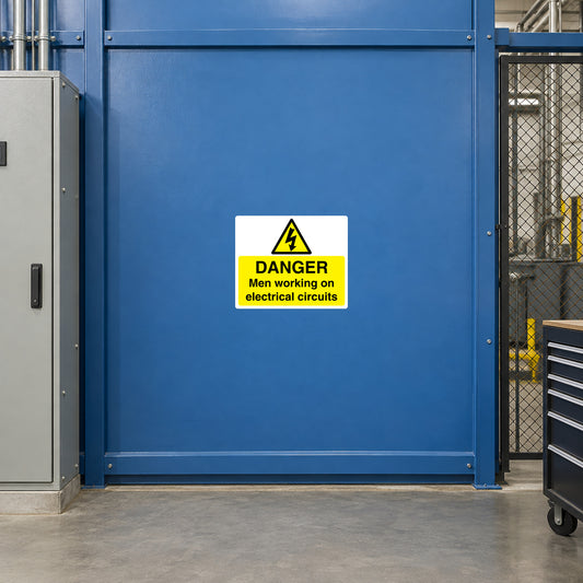 Warning sticker: yellow triangle with text 'DANGER Men working on electrical circuits'
