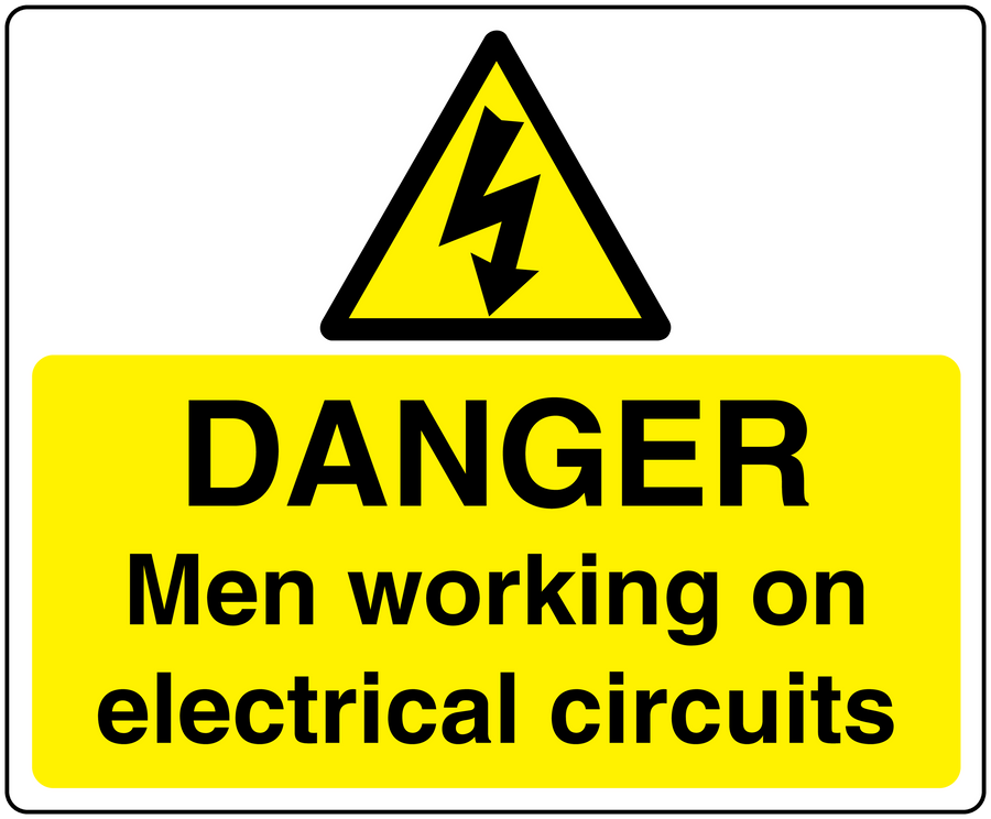 Danger sticker with yellow panel, lightning warning triangle, and 'Men working on electrical circuits'