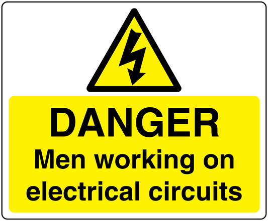Danger sticker with yellow panel, lightning warning triangle, and 'Men working on electrical circuits'