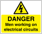 Danger sticker with yellow panel, lightning warning triangle, and 'Men working on electrical circuits'