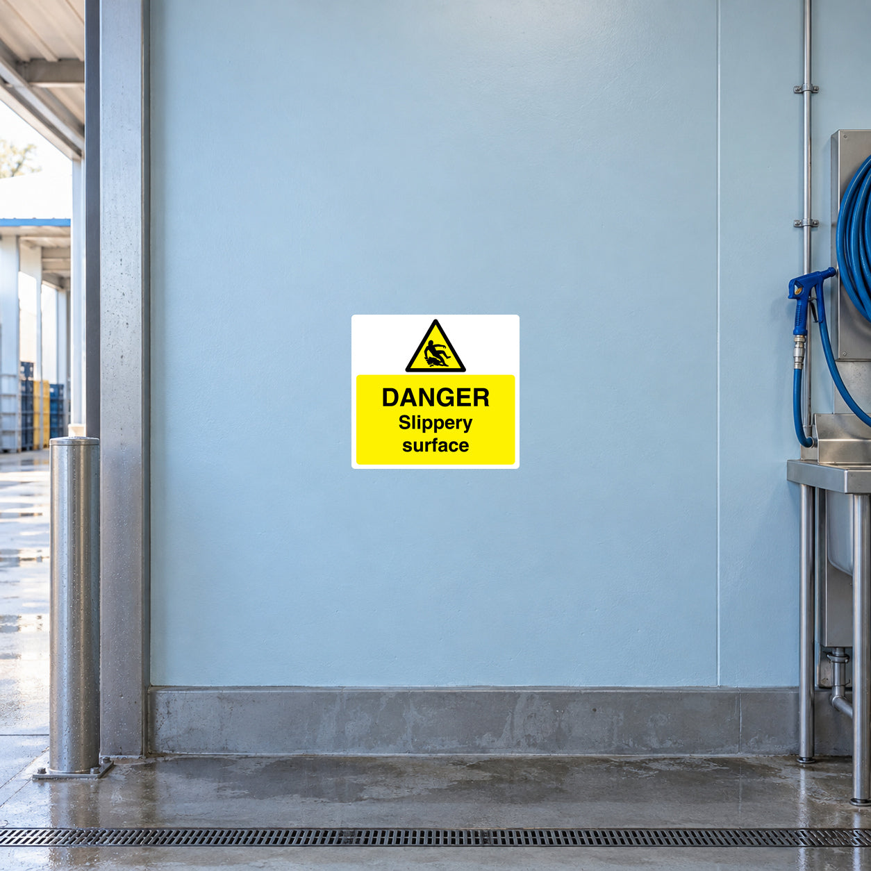 Danger slippery surface warning sticker with yellow triangle on a wall