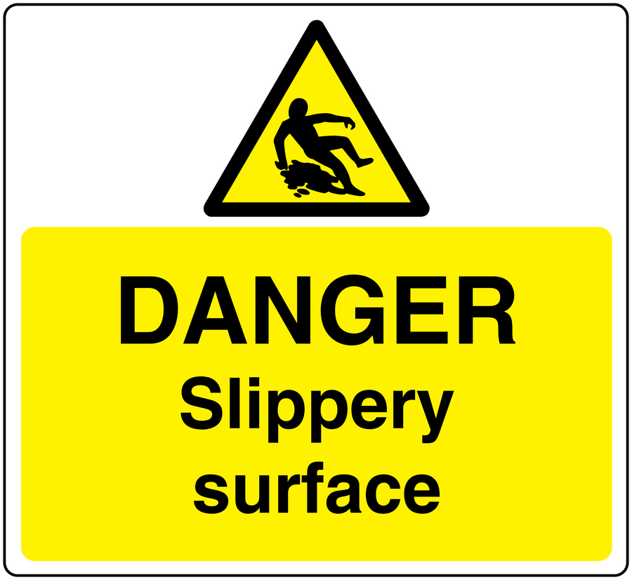 Yellow danger slippery surface sticker with warning triangle and bold text