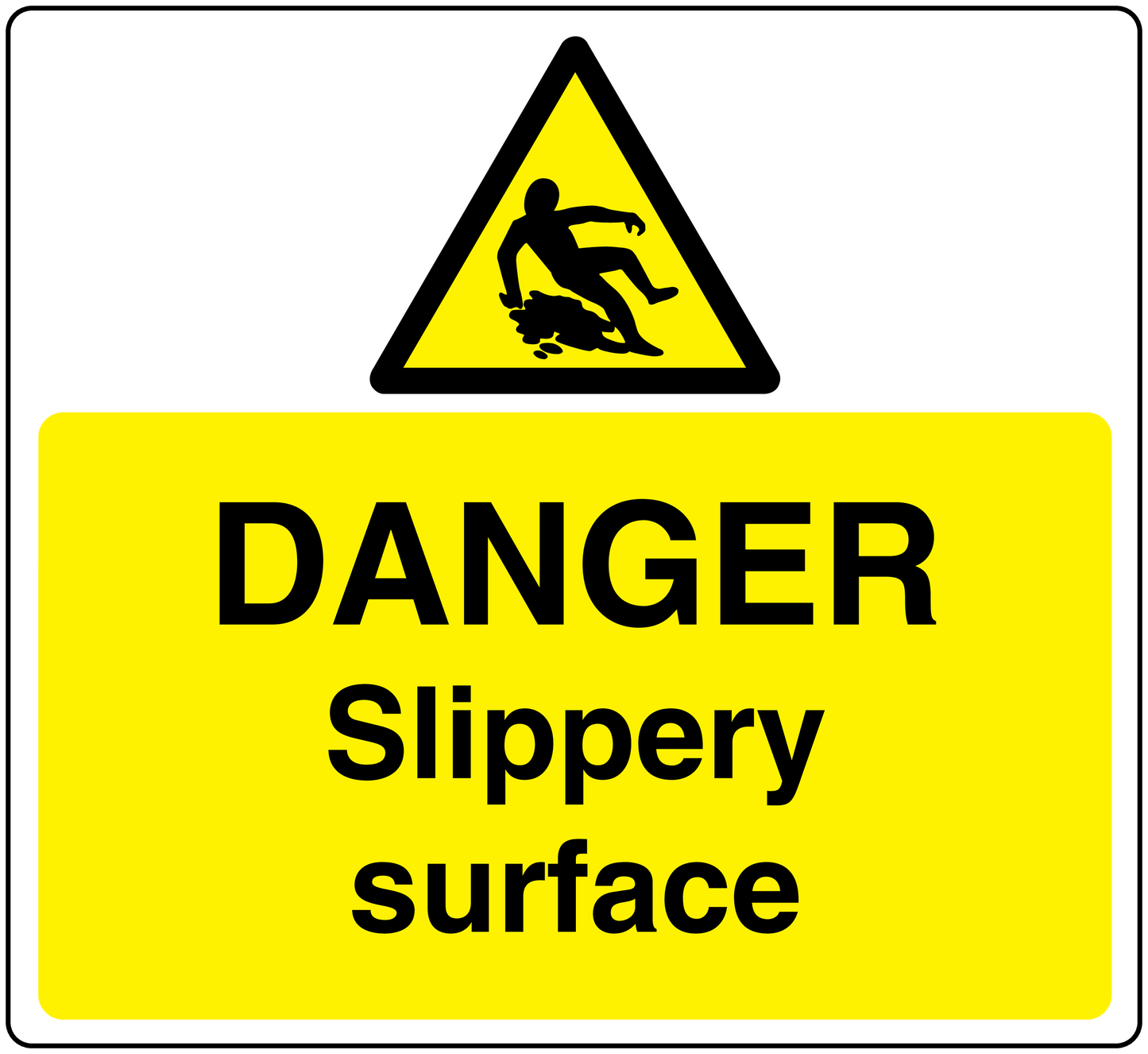 Yellow danger slippery surface sticker with warning triangle and bold text