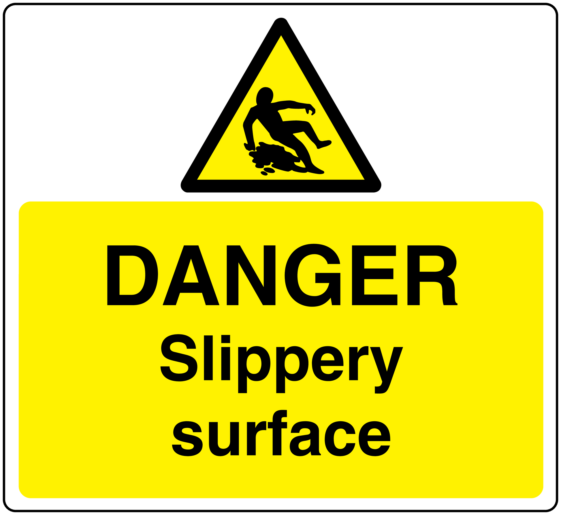 Yellow danger slippery surface sticker with warning triangle and bold text