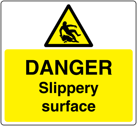 Yellow danger slippery surface sticker with warning triangle and bold text