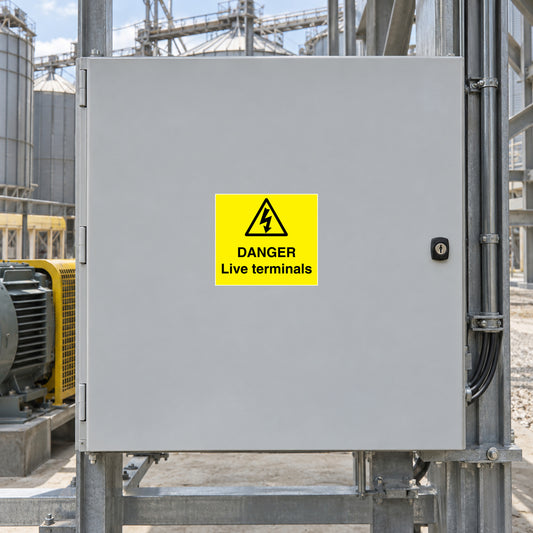 Yellow warning sticker with black hazard icon and 'DANGER Live terminals' text