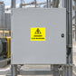Yellow warning sticker with black hazard icon and 'DANGER Live terminals' text