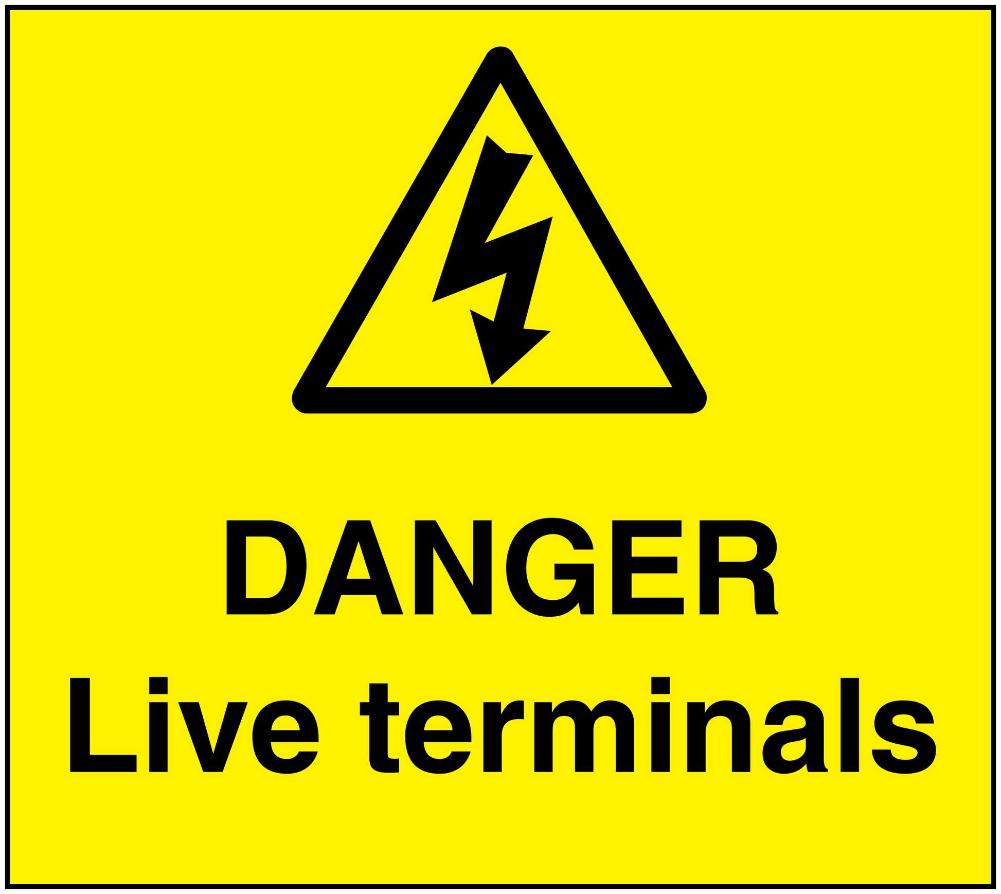 Danger sticker with warning triangle and "DANGER" and "Live terminals" text
