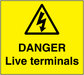 Danger sticker with warning triangle and "DANGER" and "Live terminals" text