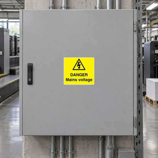 Electrical warning sticker with yellow danger label: DANGER Mains Voltage and lightning icon