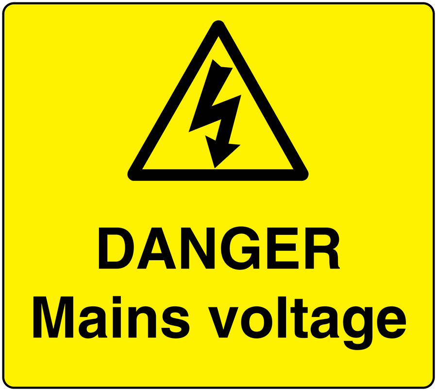 Yellow danger mains voltage sticker with black warning triangle and lightning bolt, text DANGER