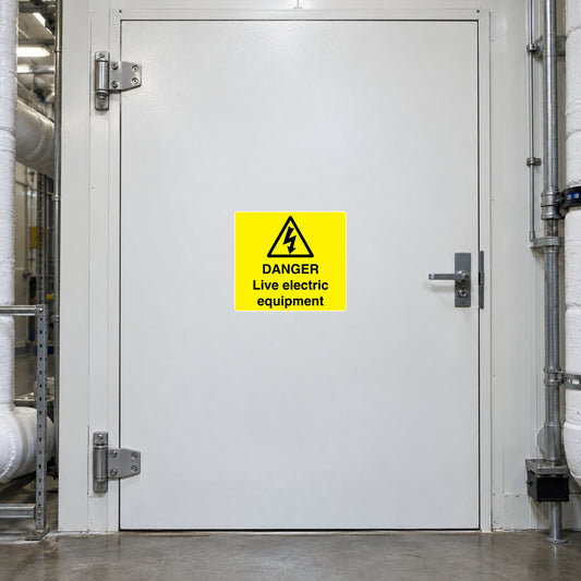 Warning danger live electric equipment sticker with yellow triangle sign