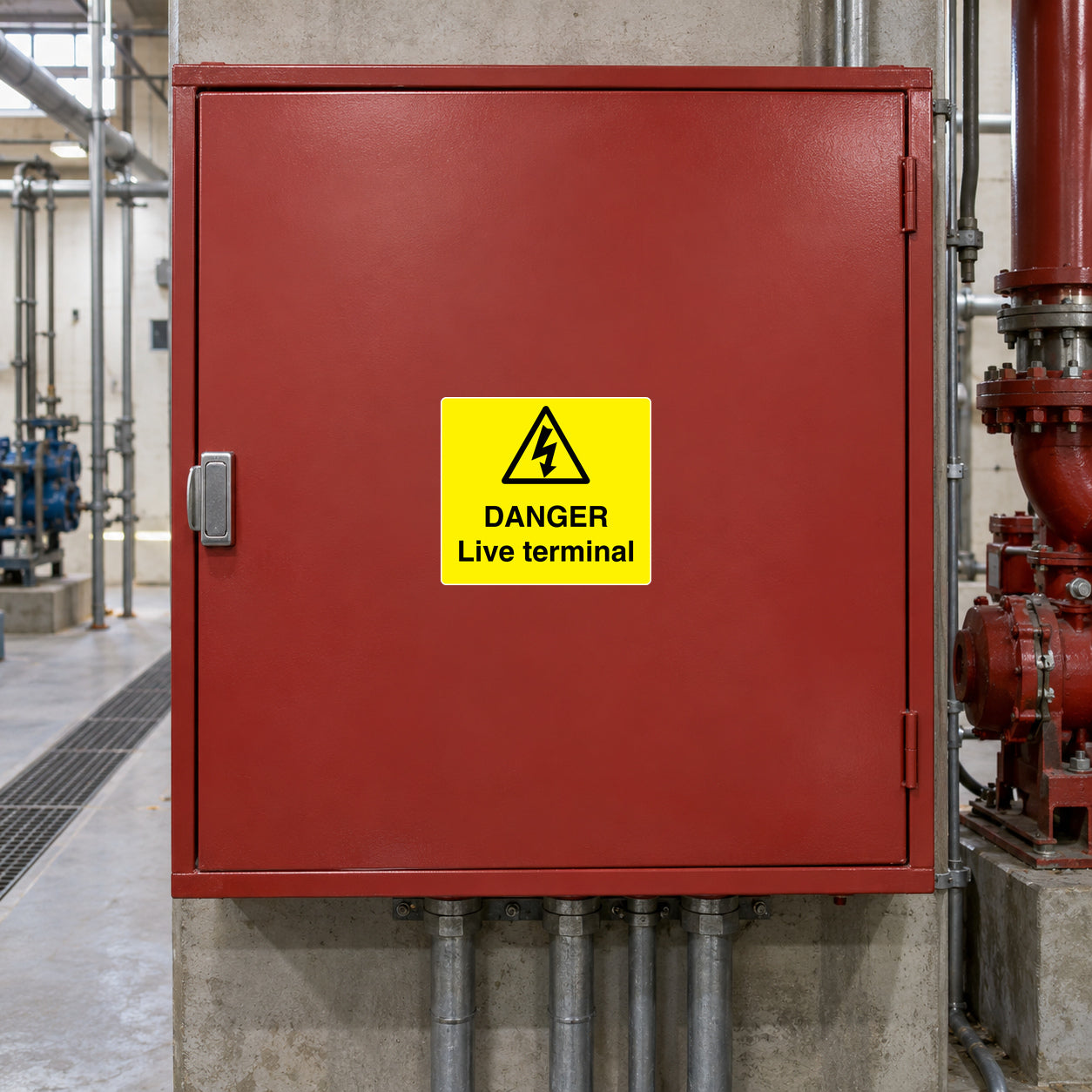 Warning danger live terminal sticker with yellow square, black warning text, triangle