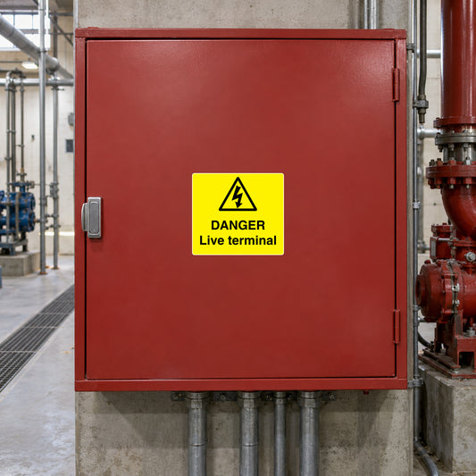 Warning danger live terminal sticker with yellow square, black warning text, triangle