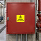 Warning danger live terminal sticker with yellow square, black warning text, triangle