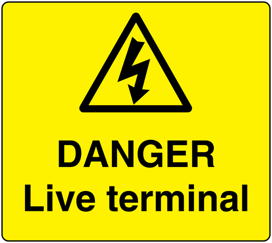 Yellow safety warning sticker with black triangle lightning and 'DANGER Live terminal' text