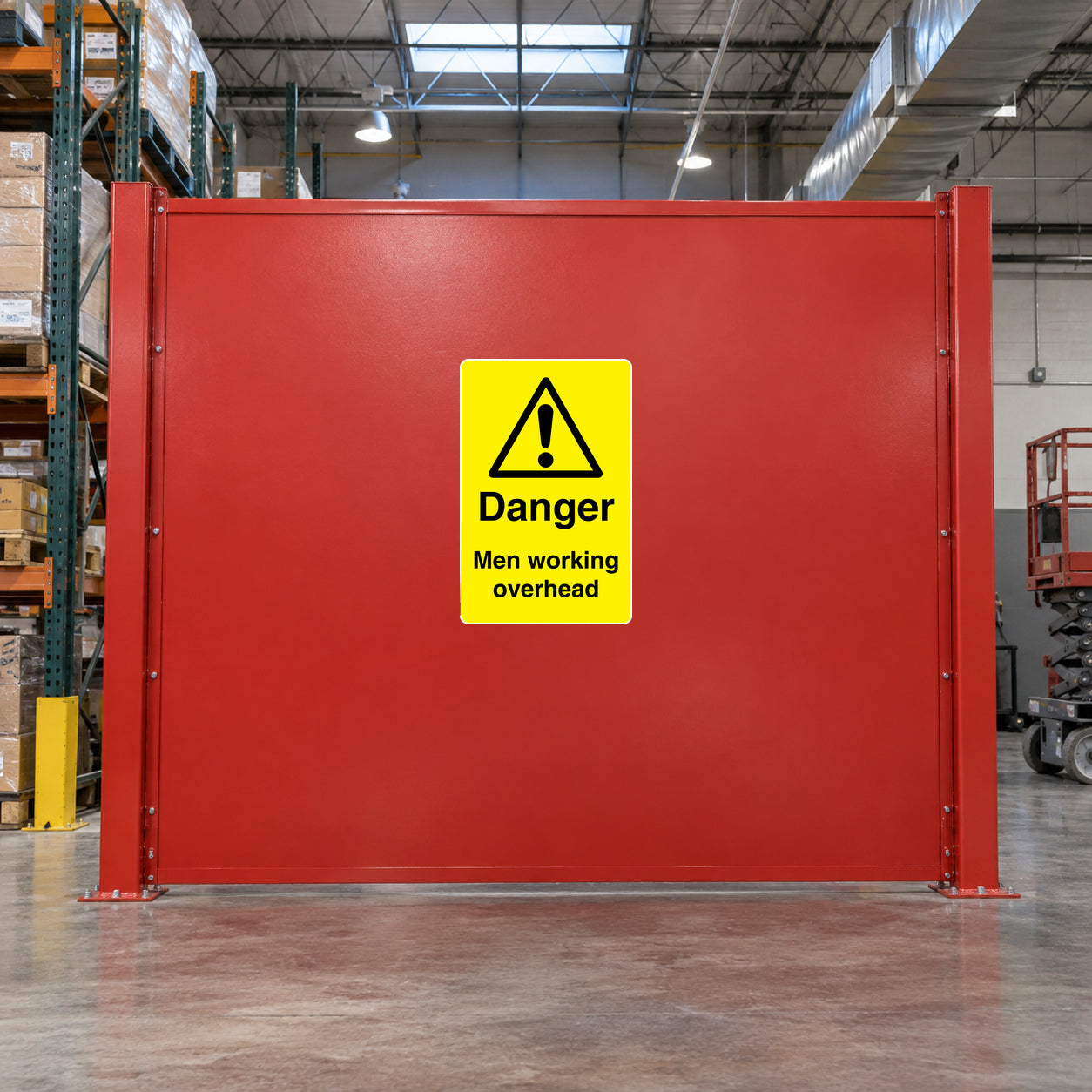Red safety warning panel with yellow 'Danger Men working overhead' sticker
