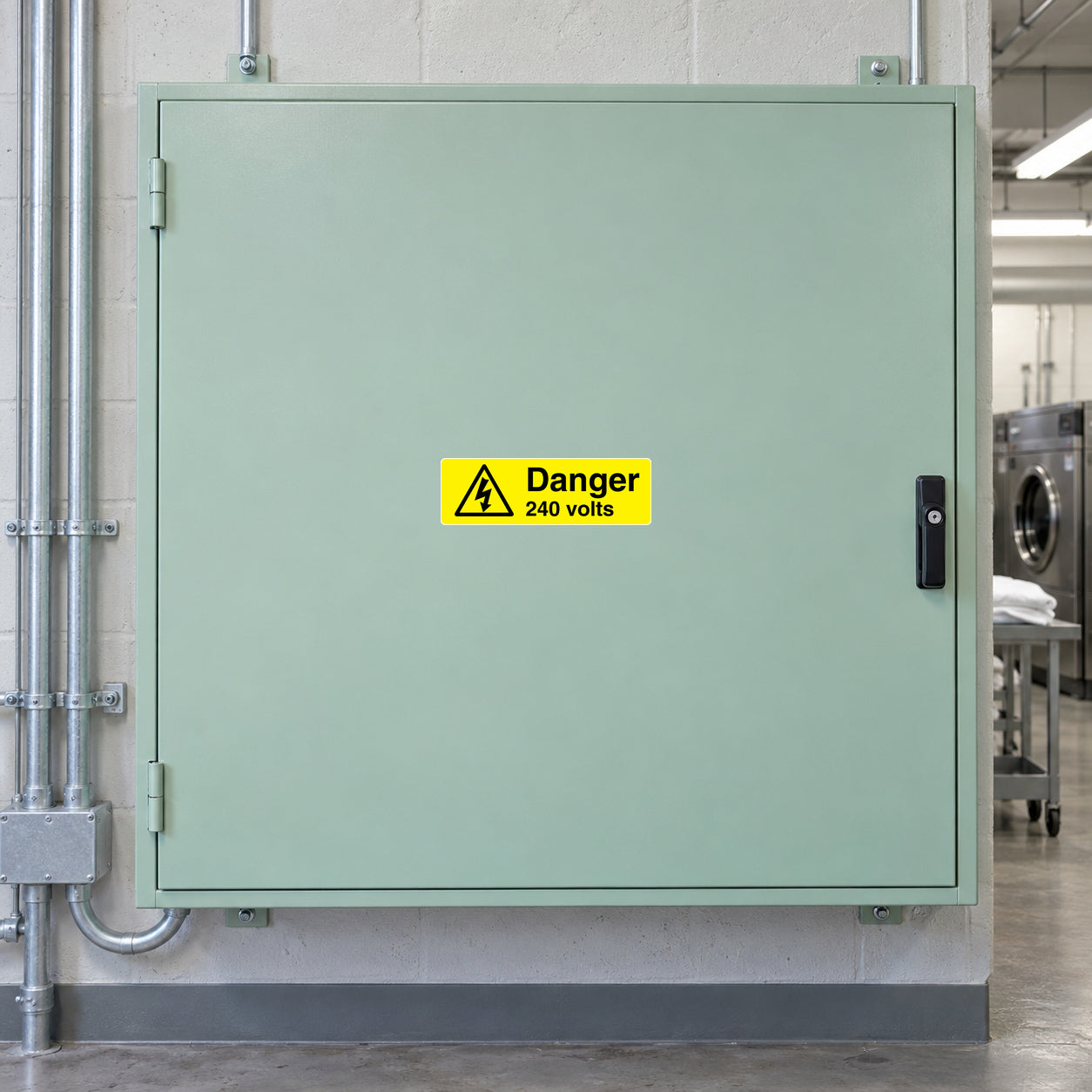 Danger 240 volts warning sticker with lightning bolt icon on yellow label