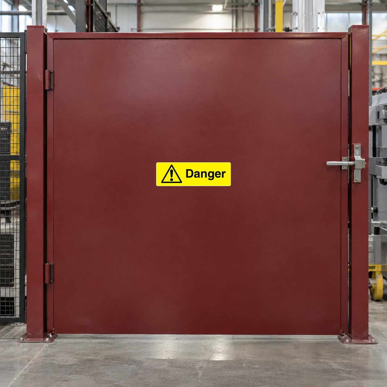 Yellow danger warning rectangle sticker with black exclamation triangle and text