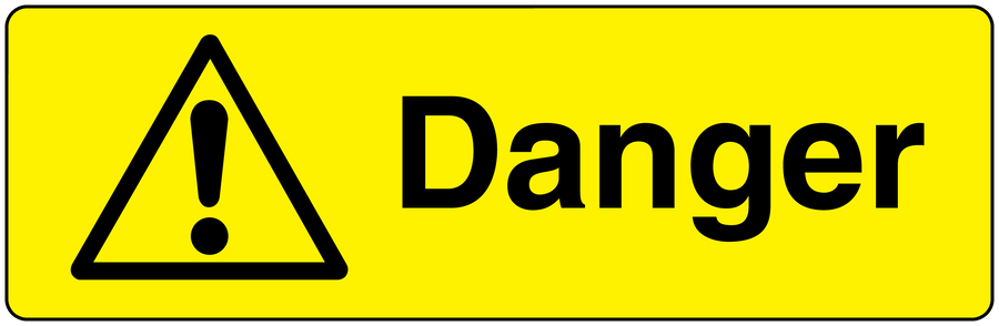 Yellow rectangle warning sticker with black triangle and exclamation, word “Danger”