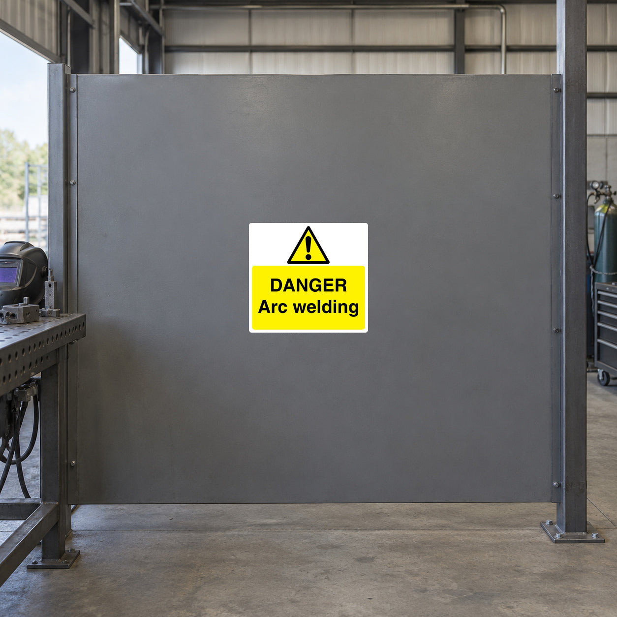 Danger arc welding sticker with yellow warning triangle and “DANGER Arc welding” text