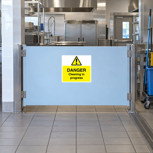 Danger cleaning in progress sticker with yellow caution triangle and warning text