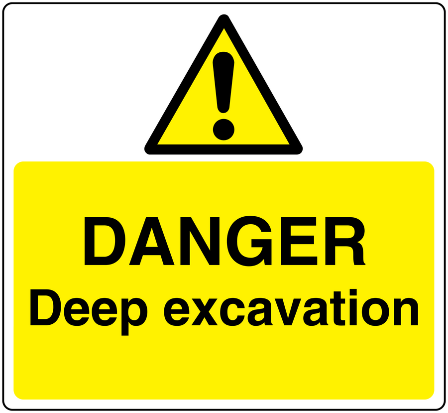 Yellow danger deep excavation warning sticker with hazard triangle and bold text.