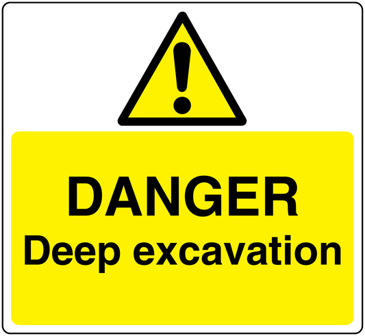 Yellow danger deep excavation warning sticker with hazard triangle and bold text.