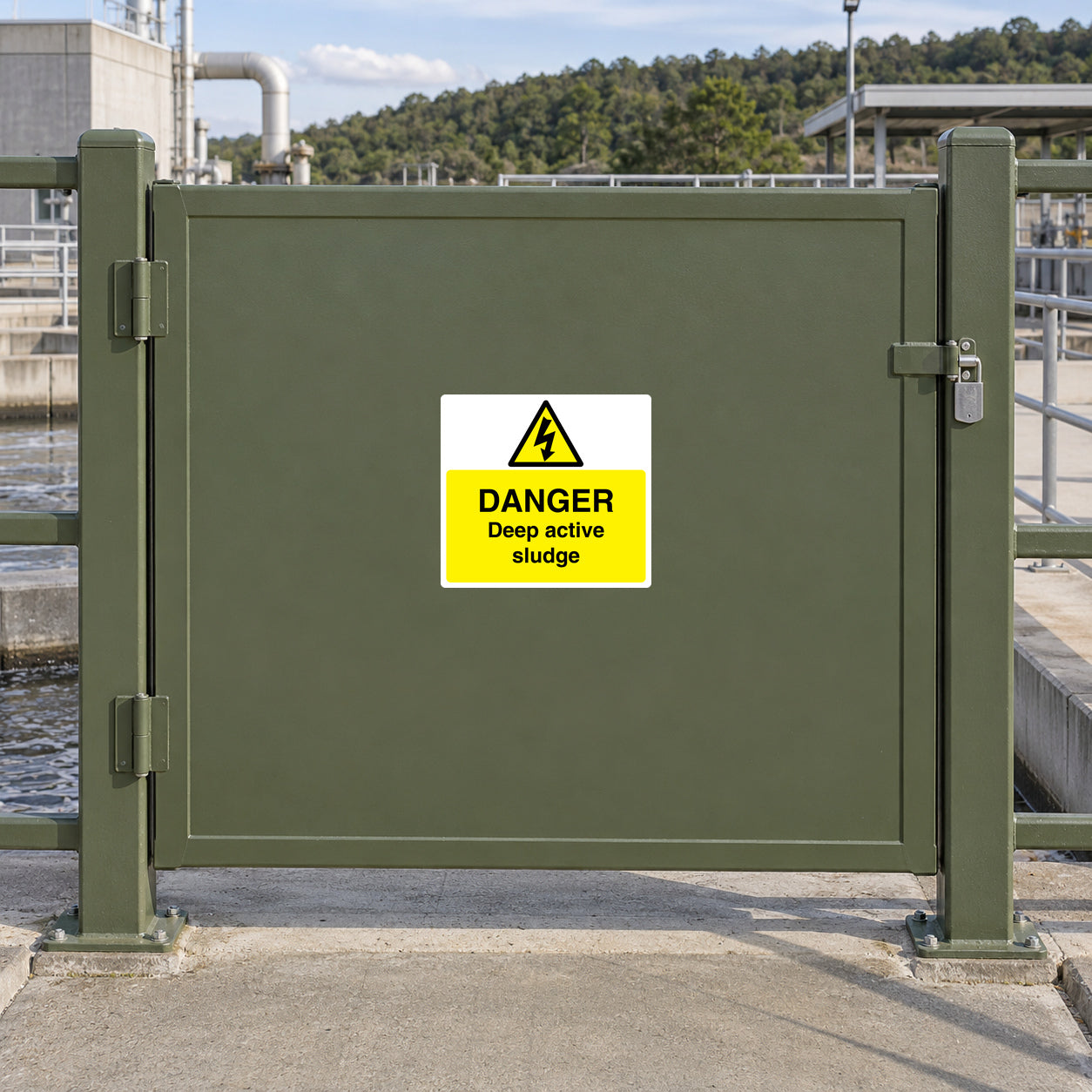 Yellow danger warning sticker with lightning icon and DANGER Deep active sludge text