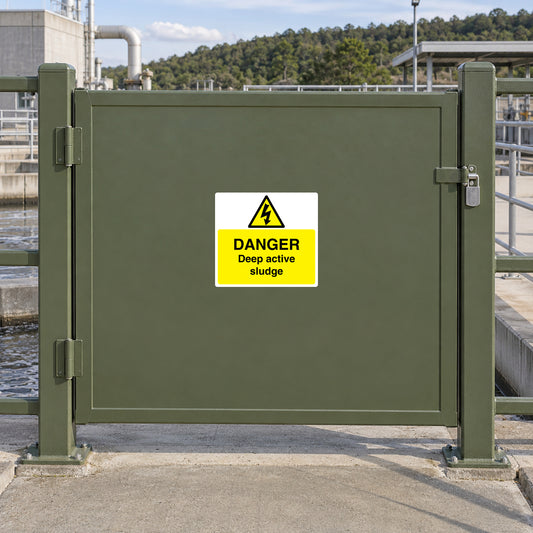 Yellow danger warning sticker with lightning icon and DANGER Deep active sludge text