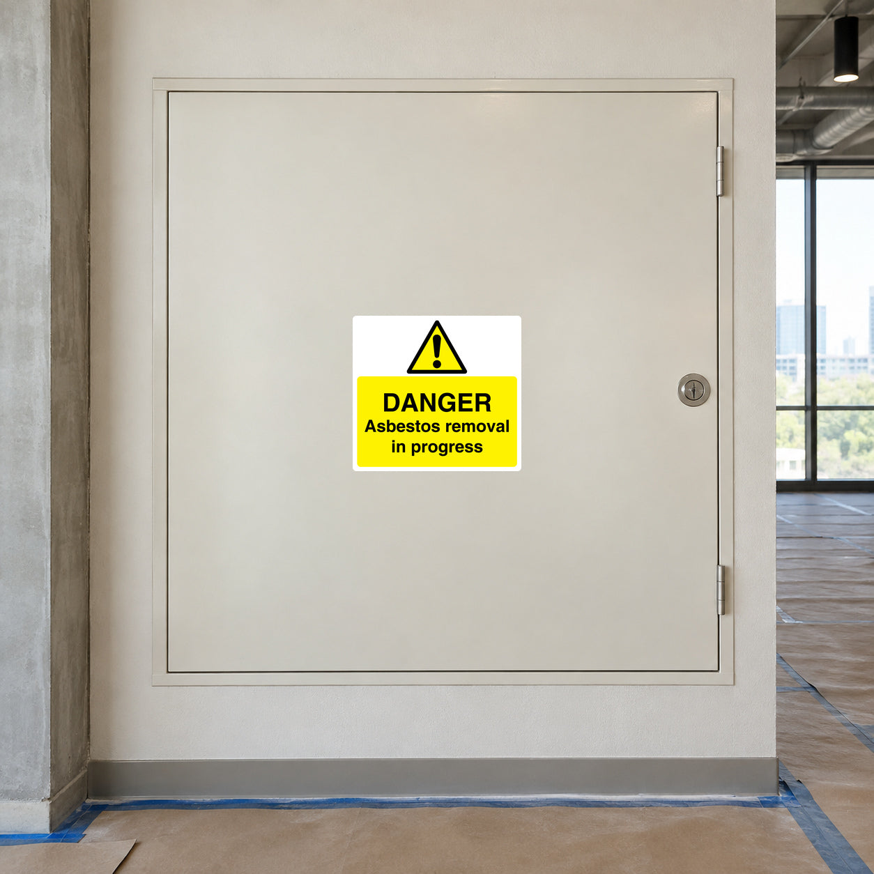 Danger asbestos removal in progress sticker, yellow warning triangle and bold text