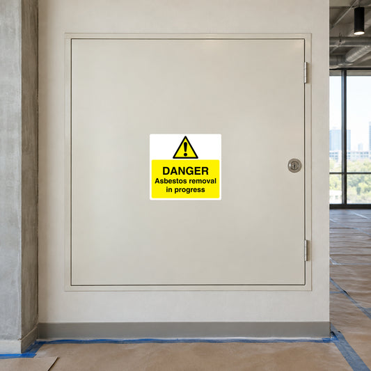 Danger asbestos removal in progress sticker, yellow warning triangle and bold text