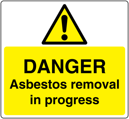 Danger asbestos removal in progress warning sticker with yellow sign and exclamation triangle