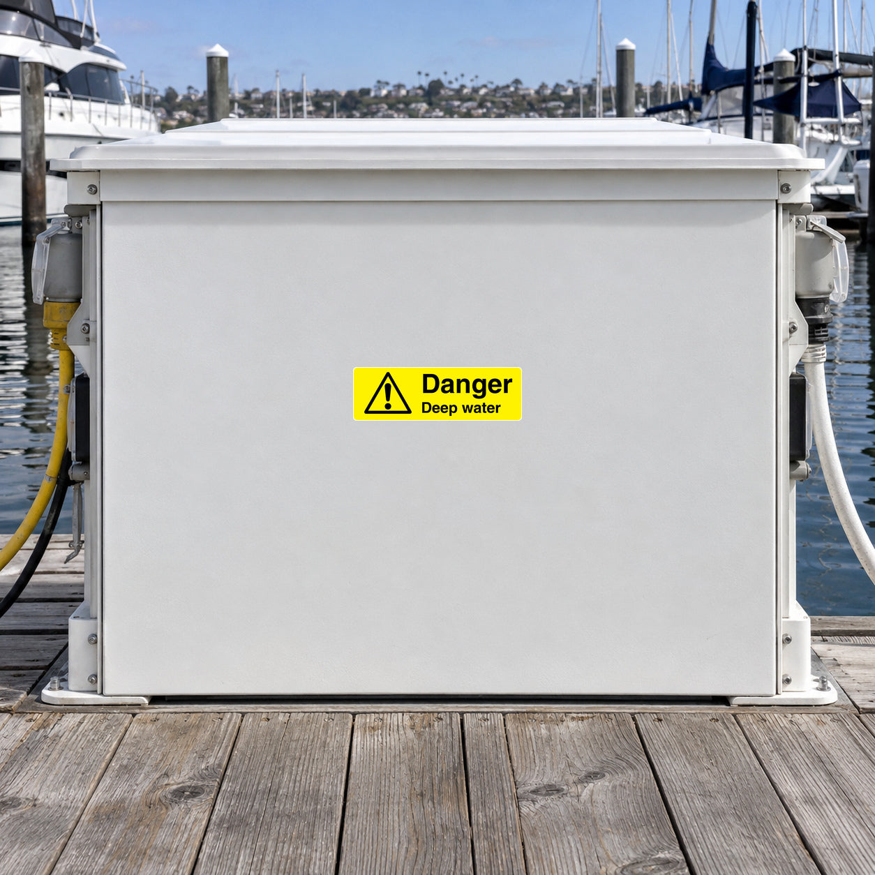 Yellow danger deep water caution sticker with exclamation triangle