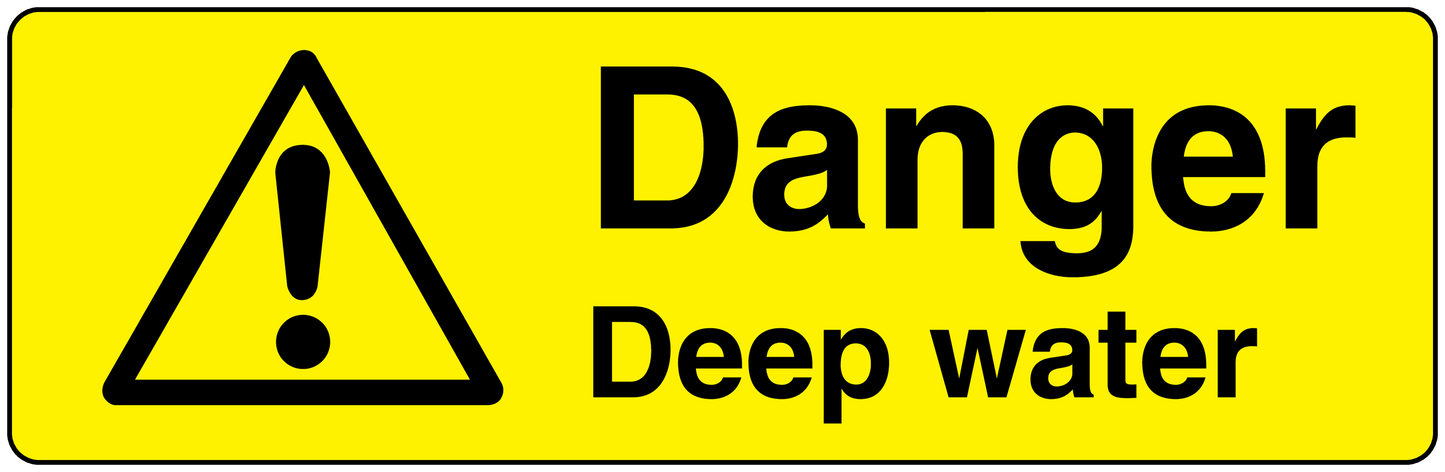 Danger deep water warning sticker with yellow background and black hazard triangle