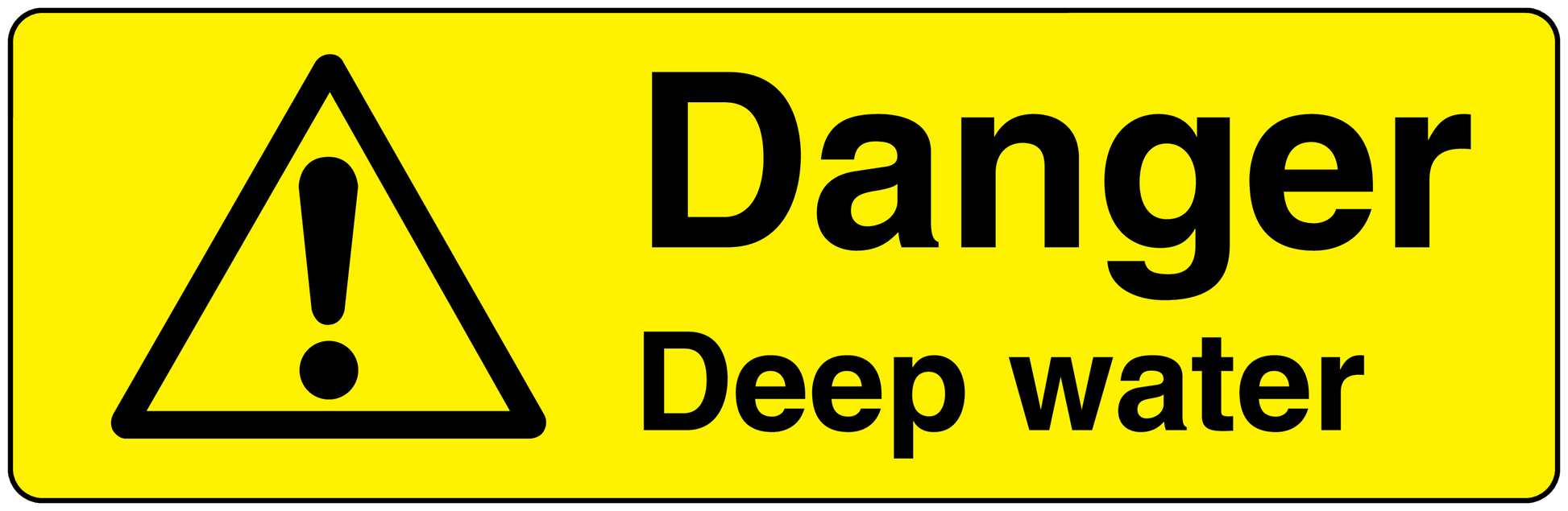 Danger deep water warning sticker with yellow background and black hazard triangle