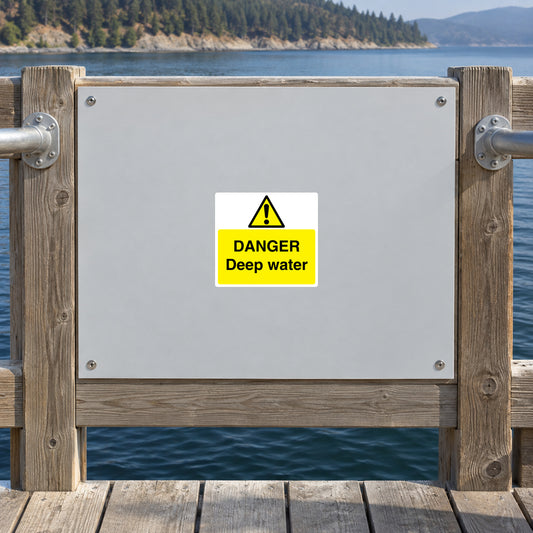 Danger Deep Water sticker on a reservoir pier safety panel