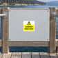 Square danger deep water warning sticker with yellow background, black text, and caution triangle