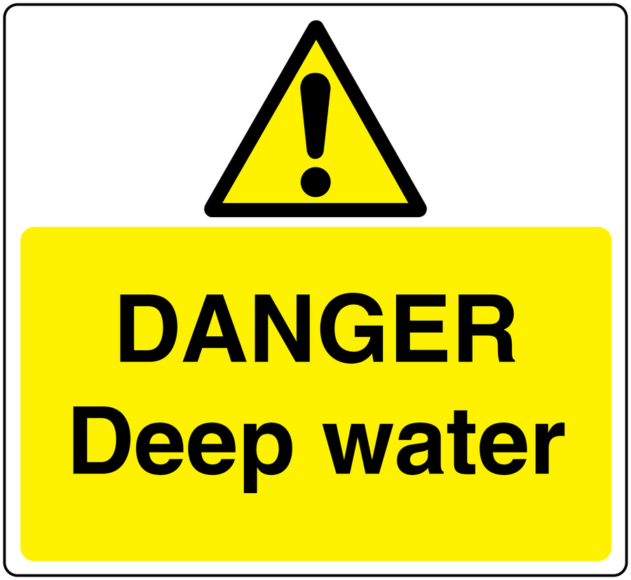 Danger Deep Water warning sticker, yellow with black exclamation triangle and text