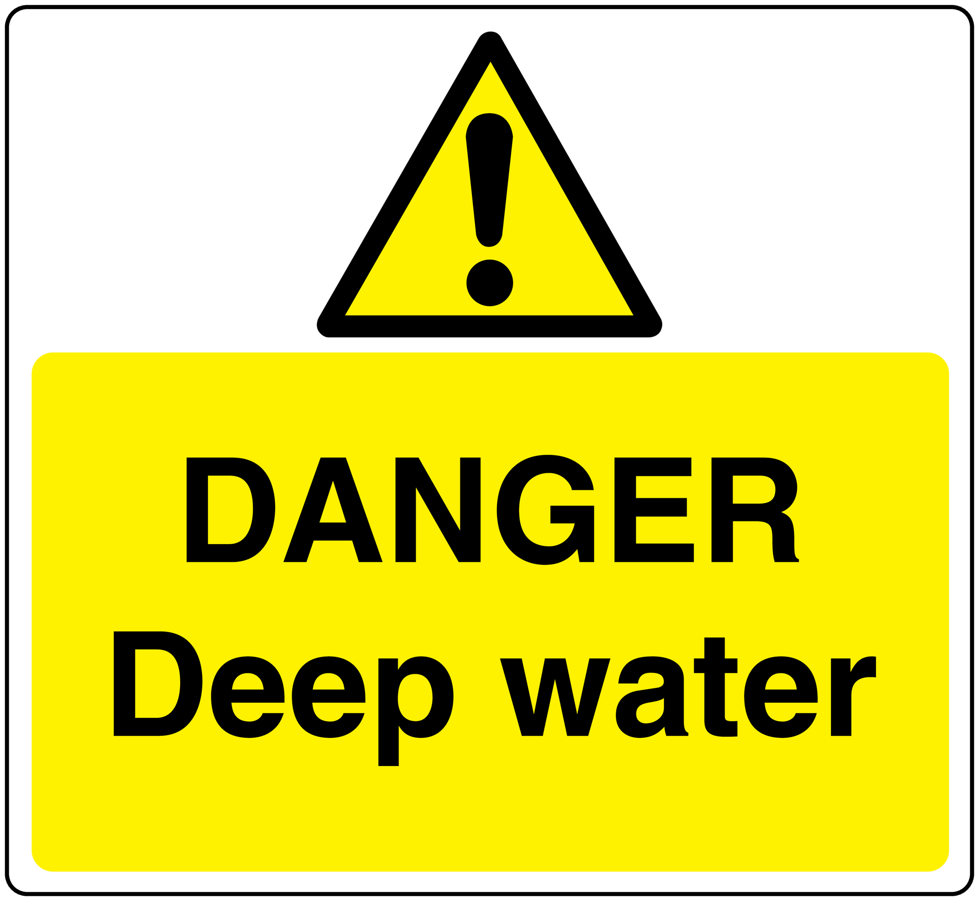 Danger Deep Water warning sticker, yellow with black exclamation triangle and text