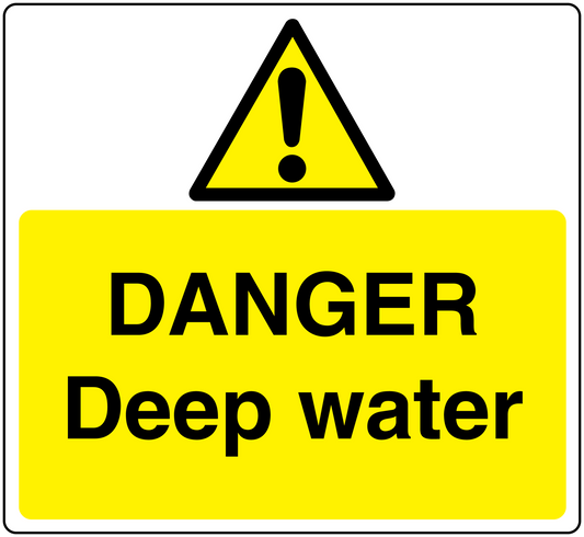 Danger Deep Water warning sticker, yellow with black exclamation triangle and text